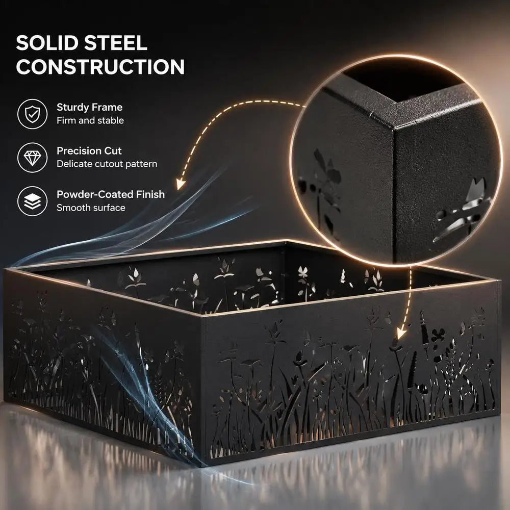 Square Steel Fire Pit, Matte Black Outdoor Patio Fire Bowl, Modern Portable BBQ Grill For Garden Balcony Camping Parties, 80x80x30 Cm
