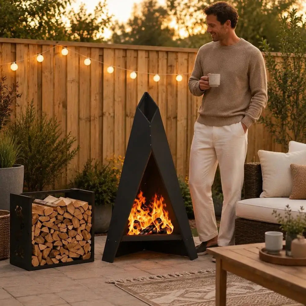Outdoor Steel Fire Pit, Modern Rectangular Design, Durable Metal Construction For Patio Garden Gatherings, Black, 58x40x100 Cm