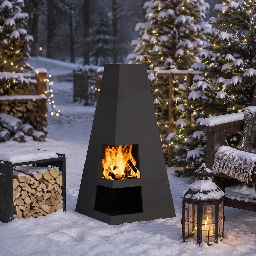 Outdoor Fire Pit Square Patio Fireplace Black Steel Wood Burning Brazier For Garden Backyard Camping BBQ Party 50 X 50 X 100 Cm
