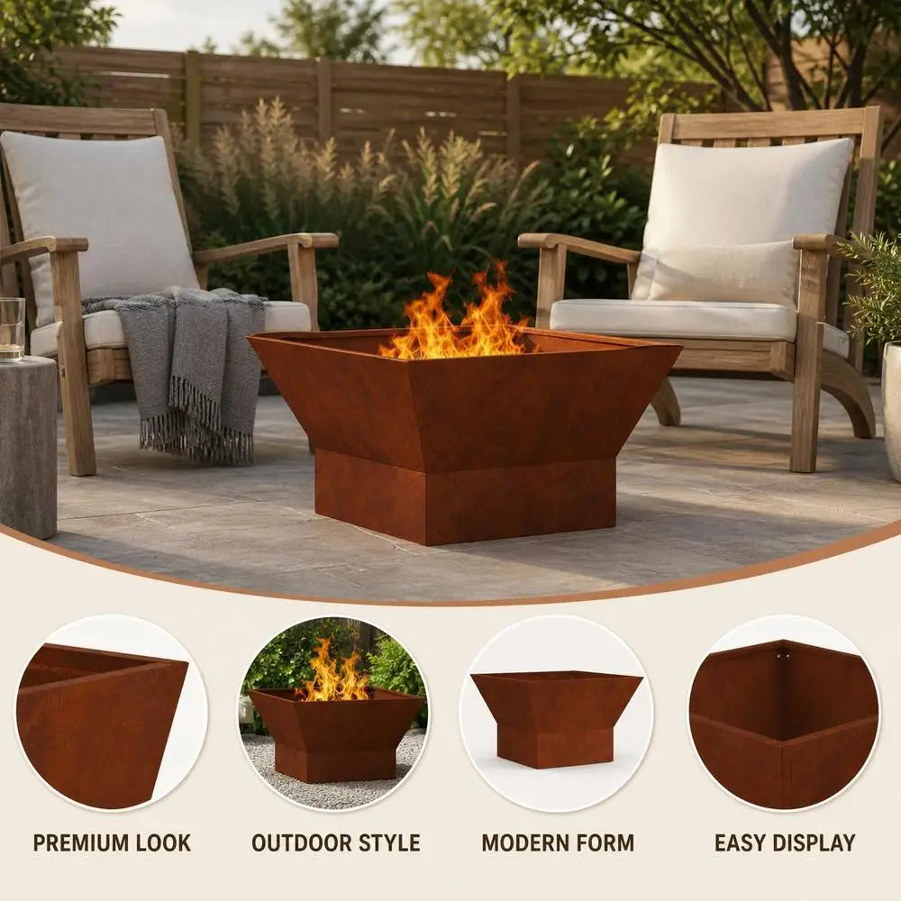 Outdoor Fire Pit, Brown Weathering Steel Square Design, Durable Patio Garden Heating And BBQ Center, 60x60x35 Cm