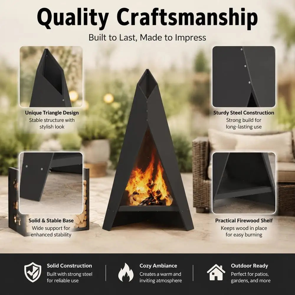 Outdoor Steel Fire Pit, Modern Rectangular Design, Durable Metal Construction For Patio Garden Gatherings, Black, 58x40x100 Cm