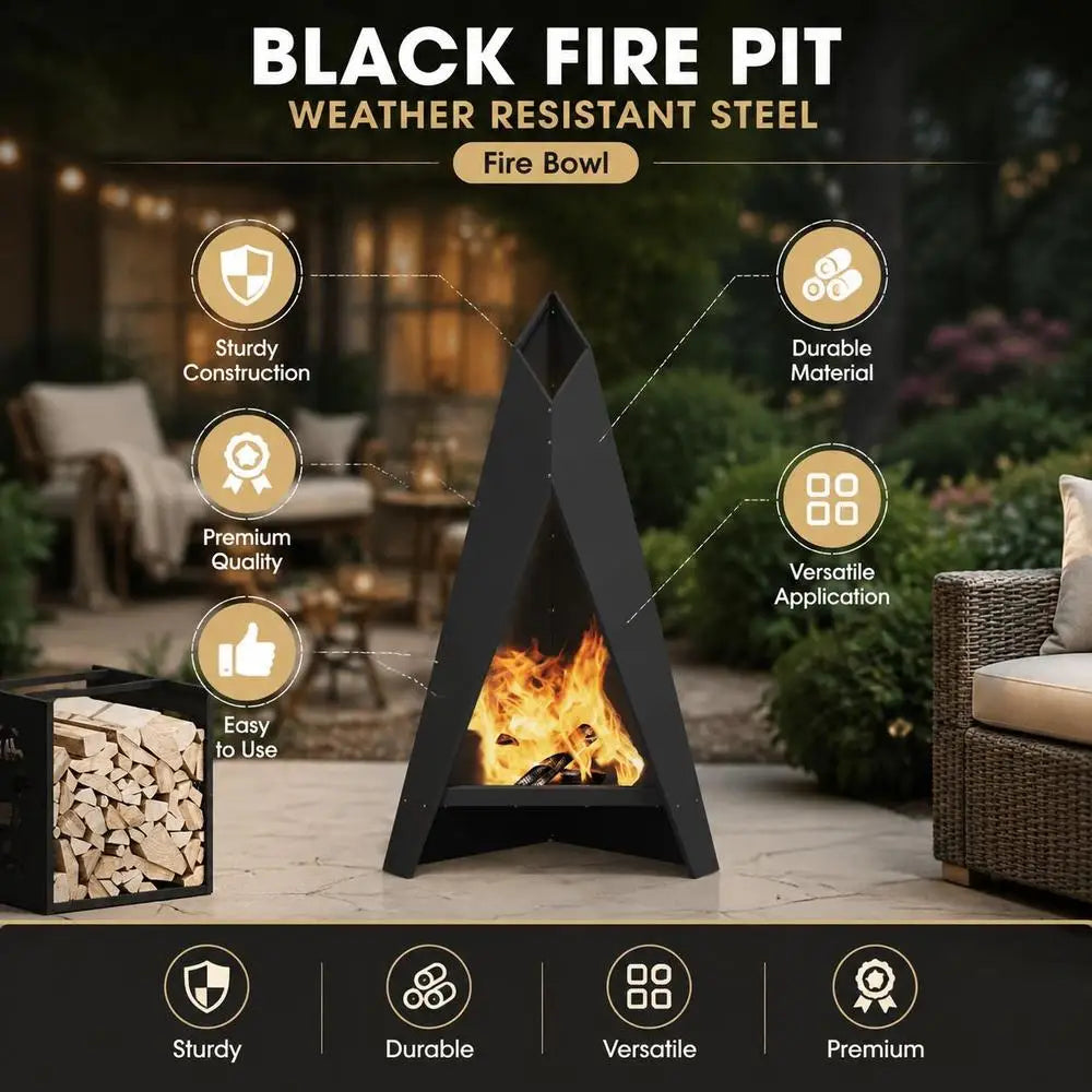 Outdoor Steel Fire Pit, Modern Rectangular Design, Durable Metal Construction For Patio Garden Gatherings, Black, 58x40x100 Cm