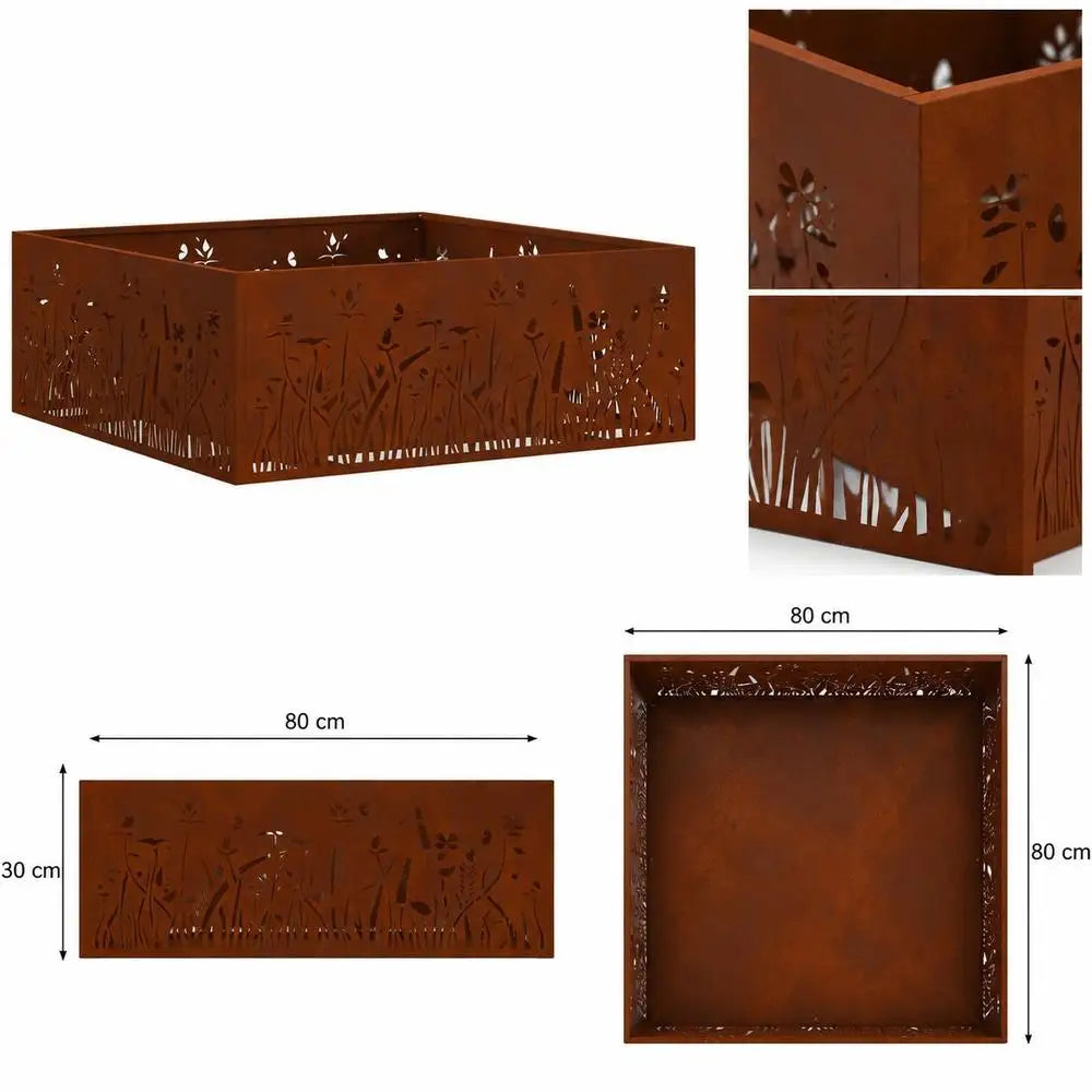 Outdoor Square Fire Pit, Weathering Steel Construction, Durable Garden Patio Heater For BBQ And Warmth, Brown, 80 X 80 X 30 Cm