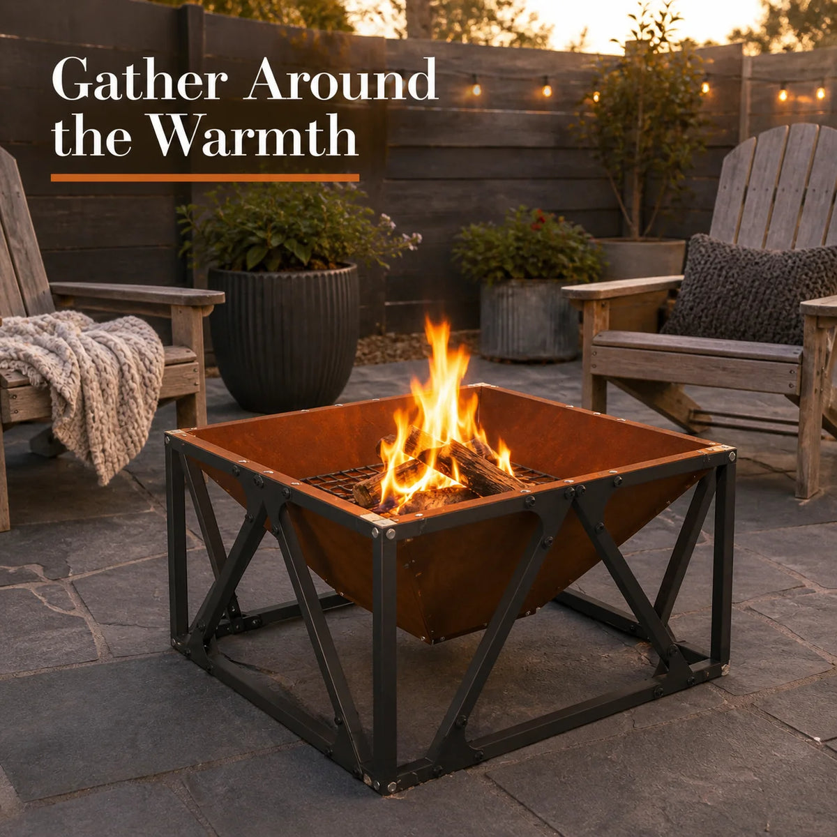 Fire Pit Square 50X50X35 cm Corten Steel Outdoor Garden Patio Fire Bowl Wood Burning Bbq Brazier