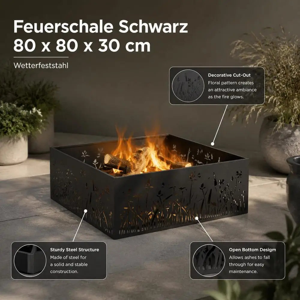Square Steel Fire Pit, Matte Black Outdoor Patio Fire Bowl, Modern Portable BBQ Grill For Garden Balcony Camping Parties, 80x80x30 Cm