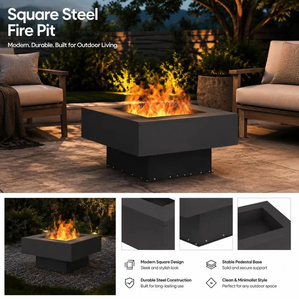 Outdoor Fire Pit, Steel Construction, Square Design, Easy Maintenance, Garden Camping Bonfire Stand, Black, 60x60x30cm
