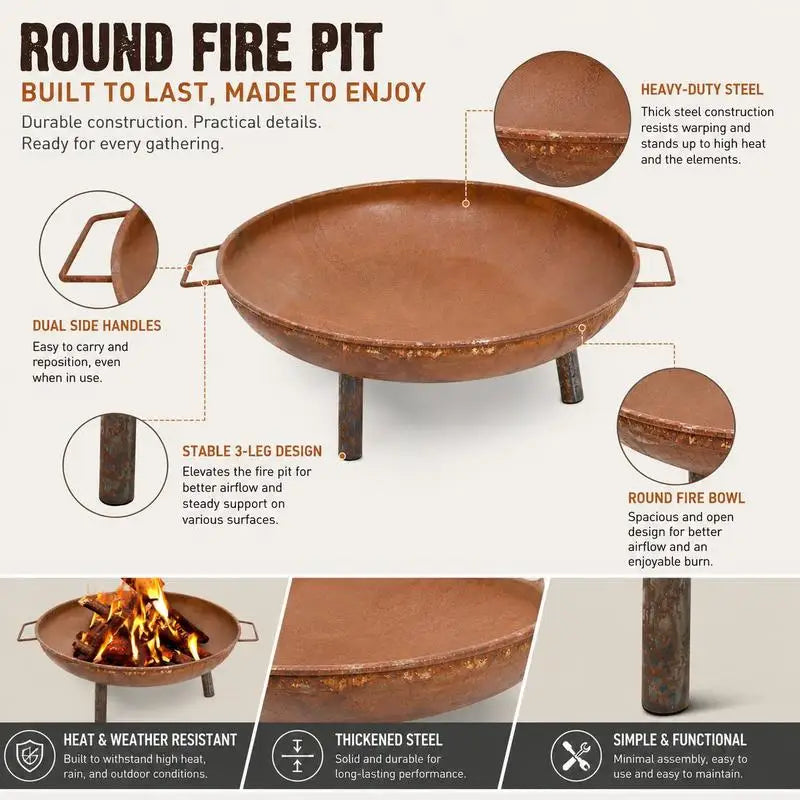 Round Steel Fire Pit, Powder Coated Black, Sturdy And Stable, For Garden, Patio, Camping, Backyard Party, Gastronomy, 67.5x58x22.5 Cm