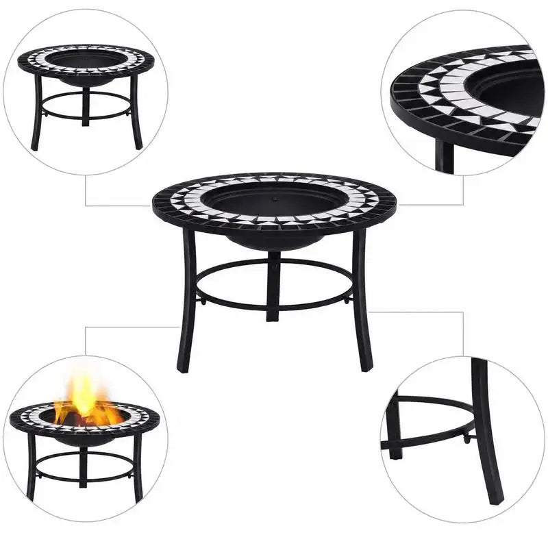 Mosaic Fire Pit Bowl with Steel Stand, Black and White Ceramic Design, 68cm Outdoor Patio Garden Heater for Wood Burning and Grilling