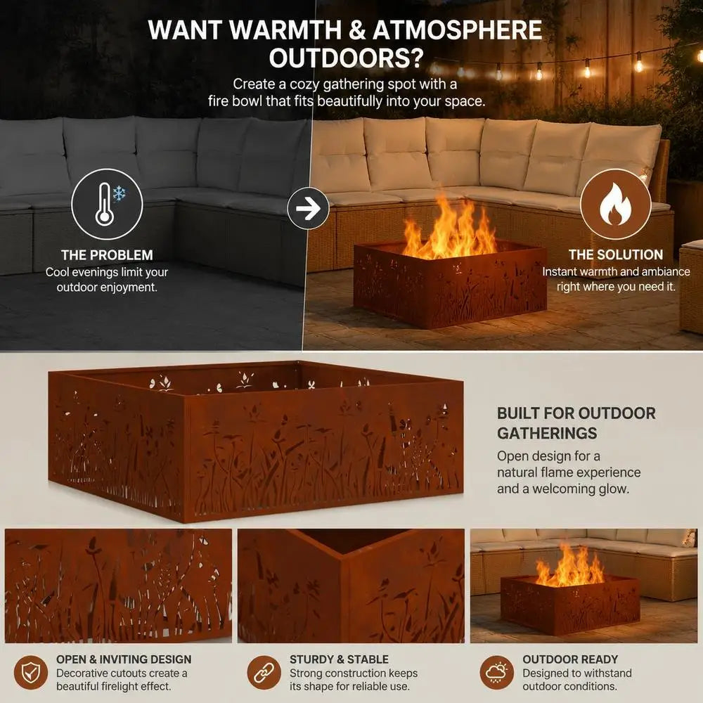 Outdoor Square Fire Pit, Weathering Steel Construction, Durable Garden Patio Heater For BBQ And Warmth, Brown, 80 X 80 X 30 Cm