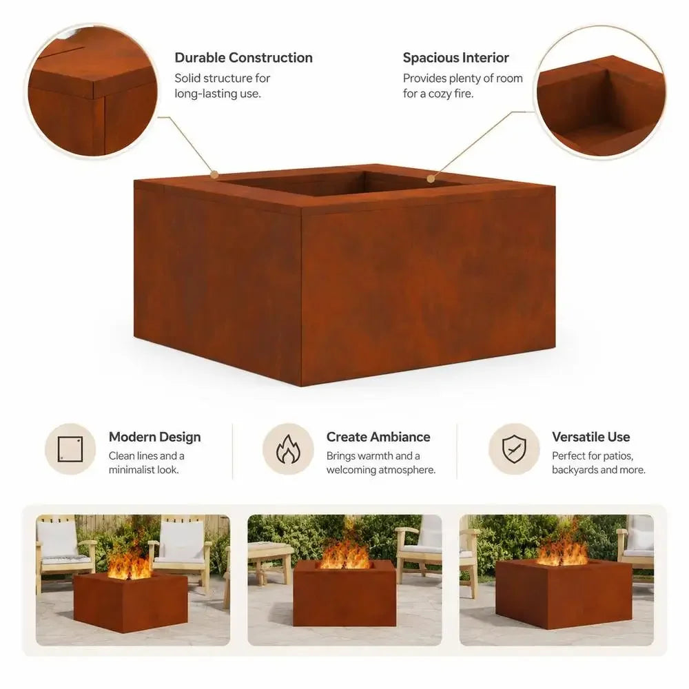 Outdoor Fire Pit, Brown Weathering Steel Square Design, Durable Construction For Garden Patio BBQ Gathering, 60x60x30 Cm