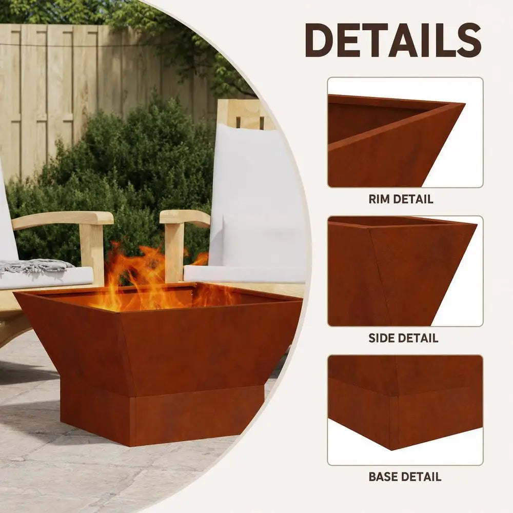 Outdoor Fire Pit, Brown Weathering Steel Square Design, Durable Patio Garden Heating And BBQ Center, 60x60x35 Cm