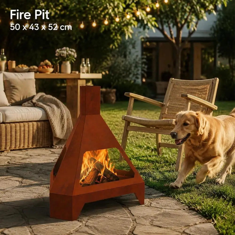 Outdoor Fire Pit Brown Steel Wood Burning Patio Brazier For Garden Terrace Balcony, Sturdy Square Heater For Camping Gatherings, 50 X 43 X 52 Cm