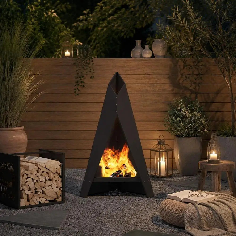 Outdoor Steel Fire Pit, Modern Rectangular Design, Durable Metal Construction For Patio Garden Gatherings, Black, 58x40x100 Cm