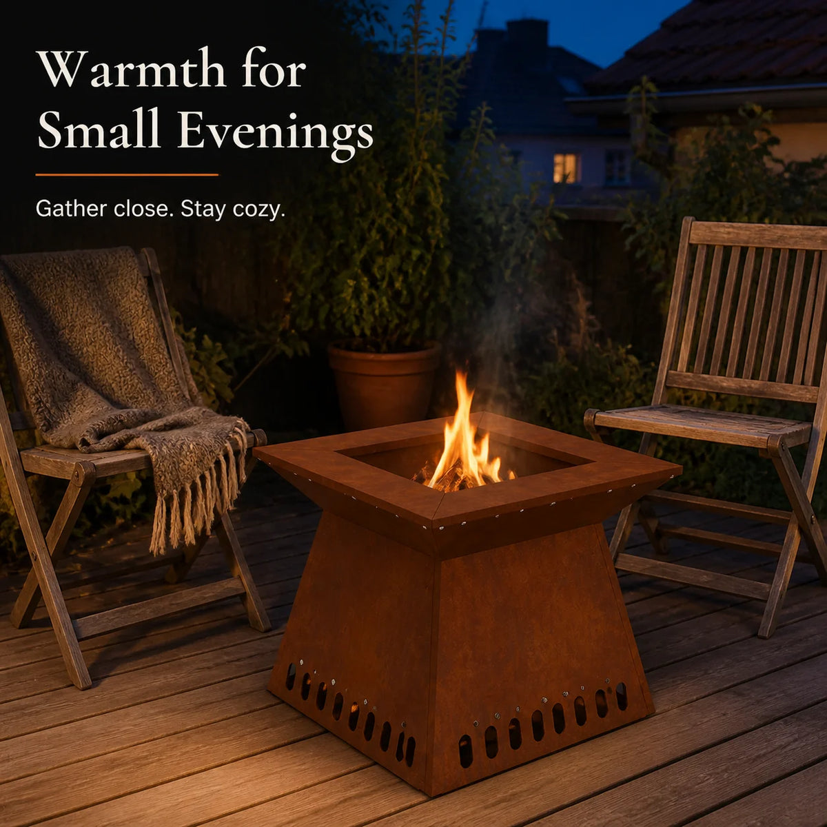 Fire Pit Corten Steel Outdoor Garden Patio Fireplace 48X48X40 cm Wood Burning Charcoal Bbq