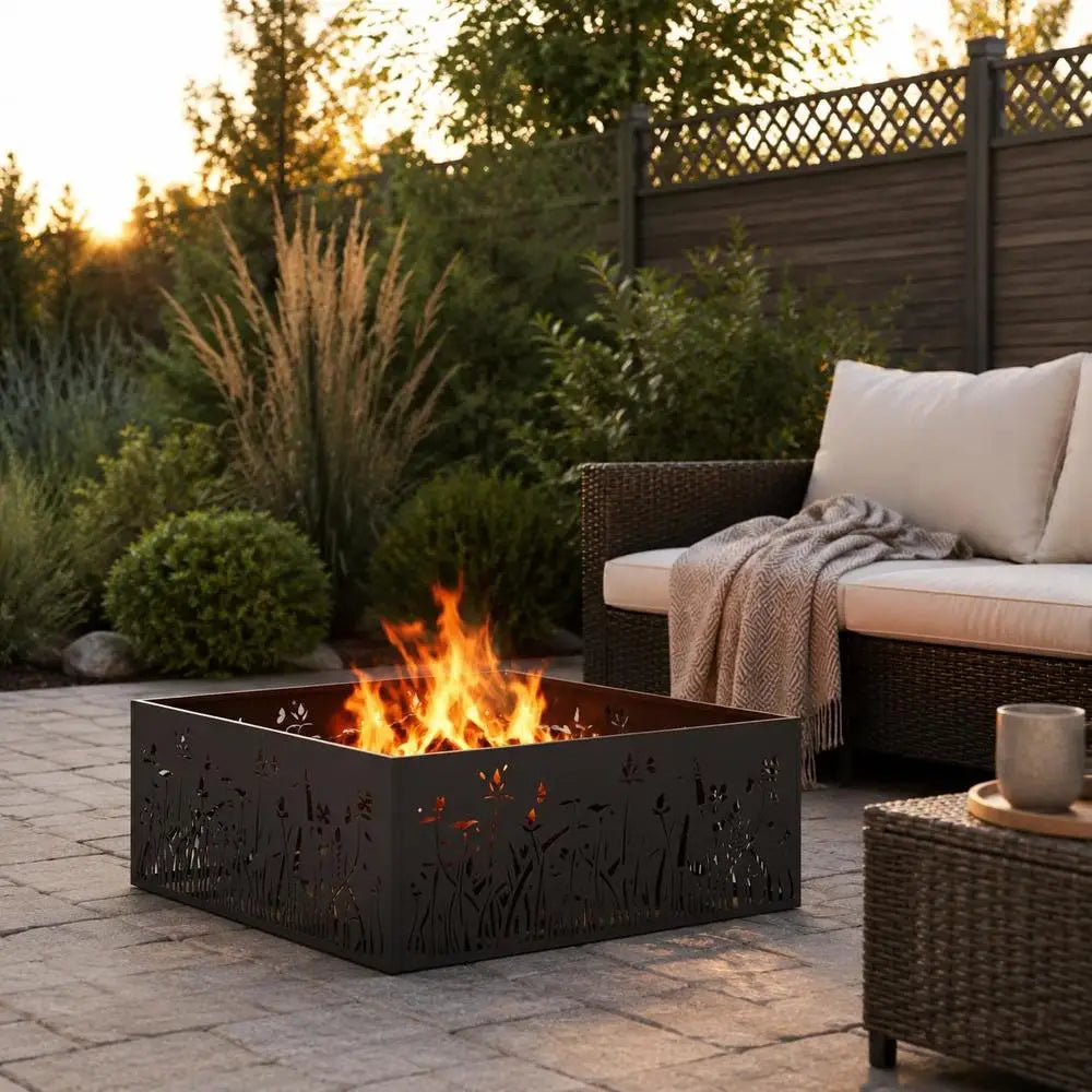 Square Steel Fire Pit, Matte Black Outdoor Patio Fire Bowl, Modern Portable BBQ Grill For Garden Balcony Camping Parties, 80x80x30 Cm