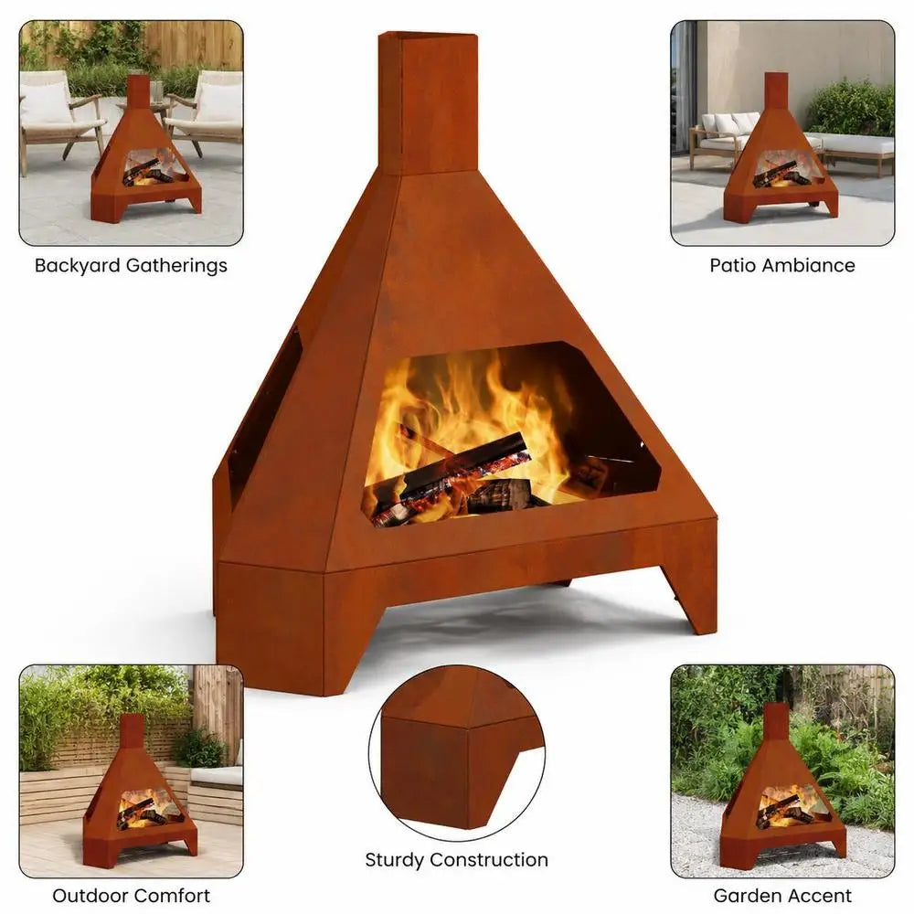 Outdoor Fire Pit Brown Steel Wood Burning Patio Brazier For Garden Terrace Balcony, Sturdy Square Heater For Camping Gatherings, 50 X 43 X 52 Cm