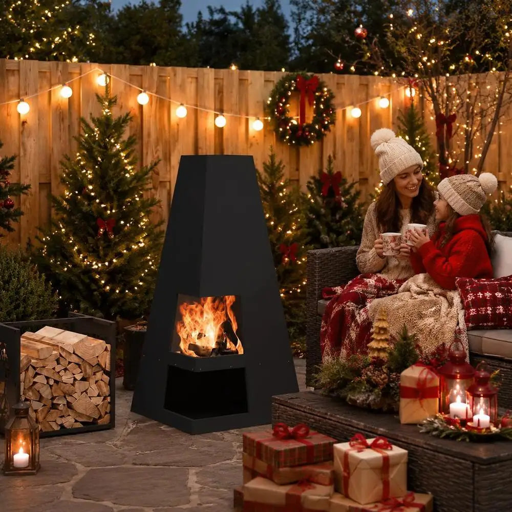 Outdoor Fire Pit Square Patio Fireplace Black Steel Wood Burning Brazier For Garden Backyard Camping BBQ Party 50 X 50 X 100 Cm