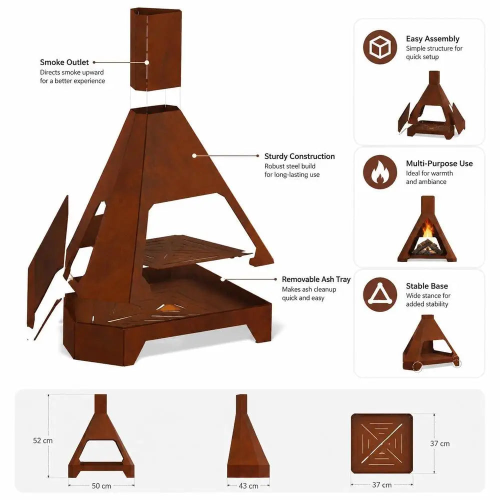 Outdoor Fire Pit Brown Steel Wood Burning Patio Brazier For Garden Terrace Balcony, Sturdy Square Heater For Camping Gatherings, 50 X 43 X 52 Cm