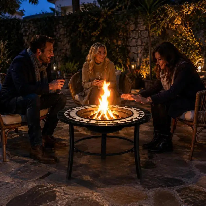 Mosaic Fire Pit Bowl with Steel Stand, Black and White Ceramic Design, 68cm Outdoor Patio Garden Heater for Wood Burning and Grilling