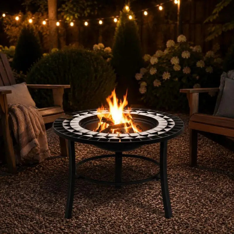 Mosaic Fire Pit Bowl with Steel Stand, Black and White Ceramic Design, 68cm Outdoor Patio Garden Heater for Wood Burning and Grilling