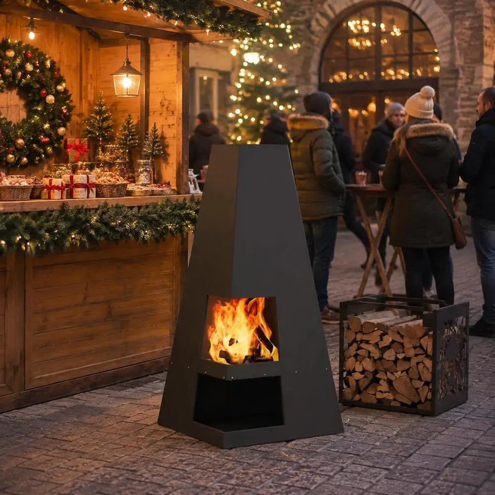 Outdoor Fire Pit Square Patio Fireplace Black Steel Wood Burning Brazier For Garden Backyard Camping BBQ Party 50 X 50 X 100 Cm