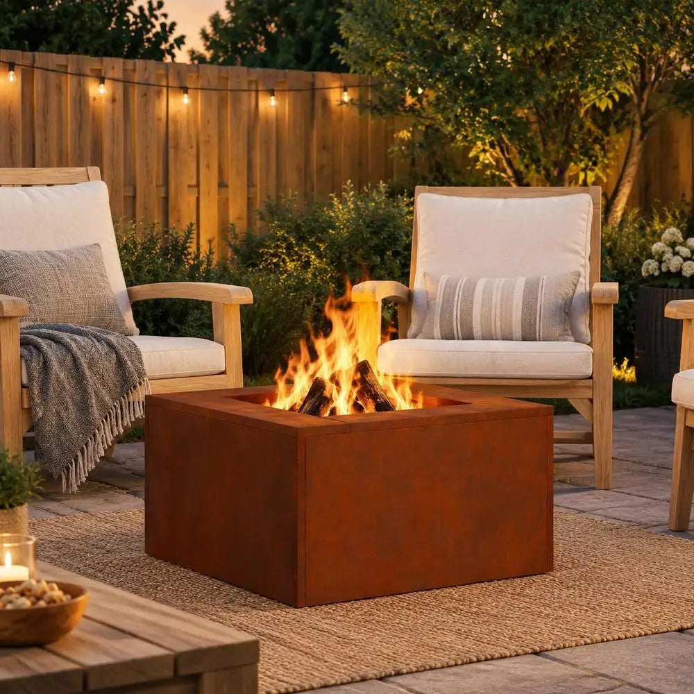 Outdoor Fire Pit, Brown Weathering Steel Square Design, Durable Construction For Garden Patio BBQ Gathering, 60x60x30 Cm