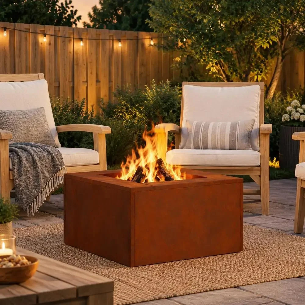 Outdoor Fire Pit, Brown Weathering Steel Square Design, Durable Construction For Garden Patio BBQ Gathering, 60x60x30 Cm