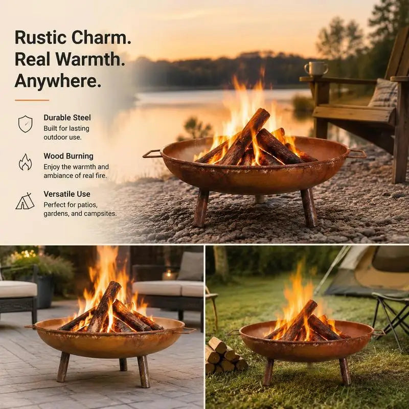 Round Steel Fire Pit, Powder Coated Black, Sturdy And Stable, For Garden, Patio, Camping, Backyard Party, Gastronomy, 67.5x58x22.5 Cm