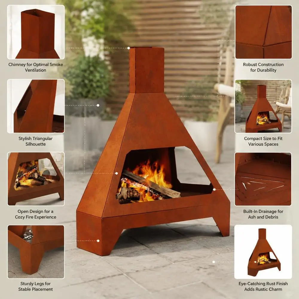 Outdoor Fire Pit Brown Steel Wood Burning Patio Brazier For Garden Terrace Balcony, Sturdy Square Heater For Camping Gatherings, 50 X 43 X 52 Cm