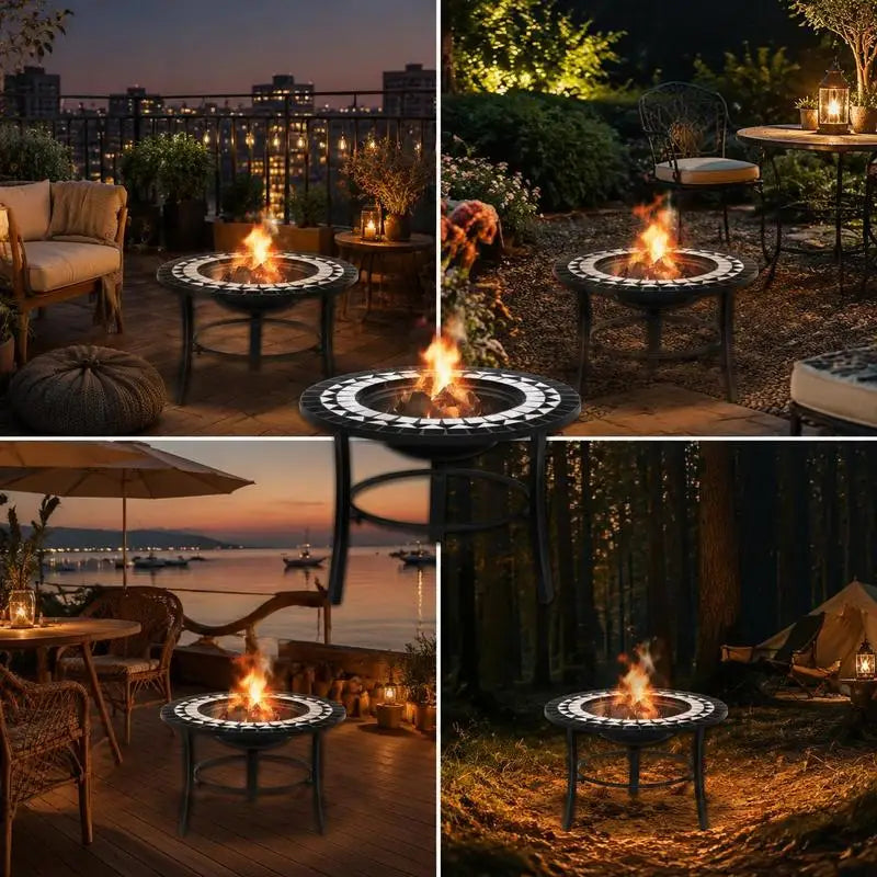 Mosaic Fire Pit Bowl with Steel Stand, Black and White Ceramic Design, 68cm Outdoor Patio Garden Heater for Wood Burning and Grilling