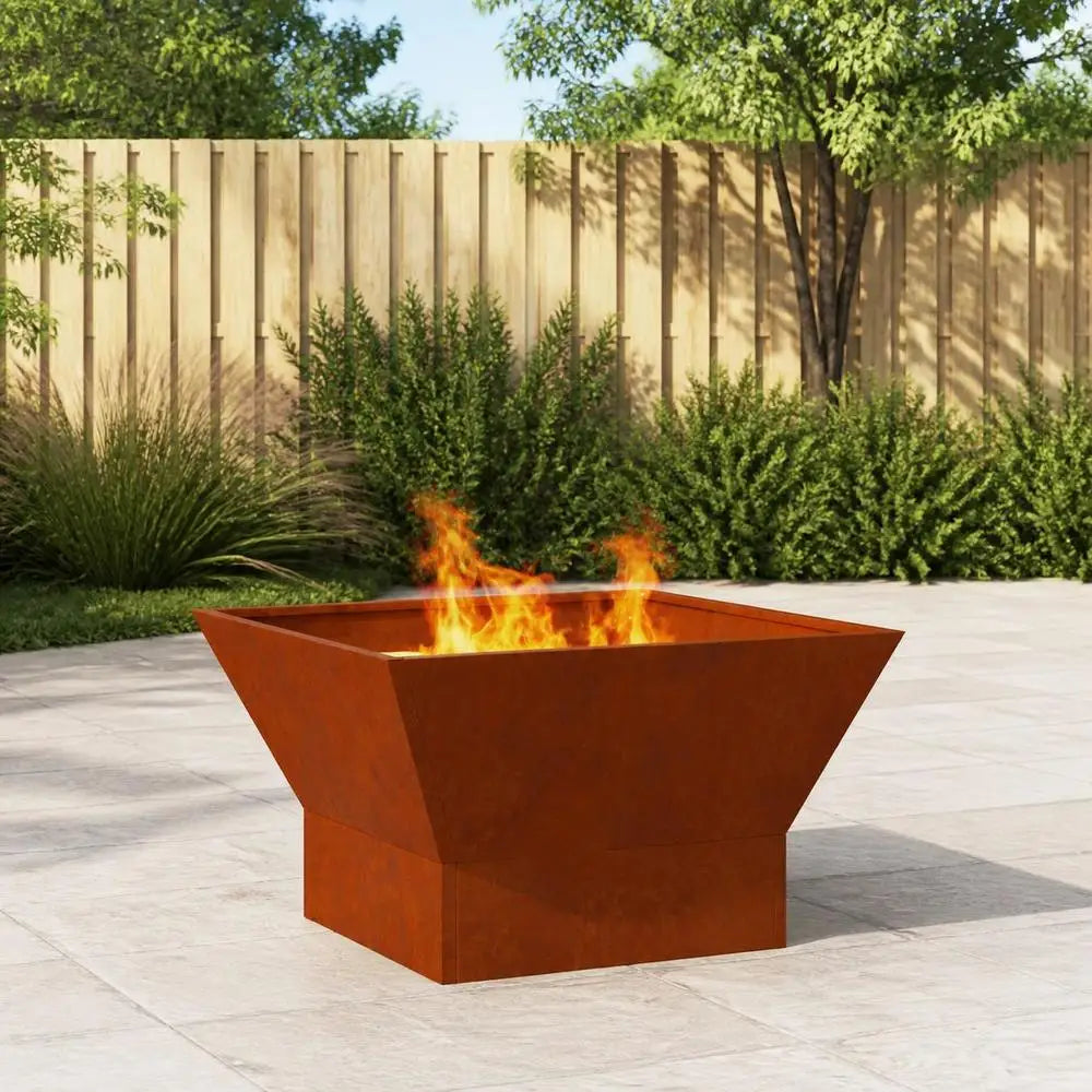 Outdoor Fire Pit, Brown Weathering Steel Square Design, Durable Patio Garden Heating And BBQ Center, 60x60x35 Cm