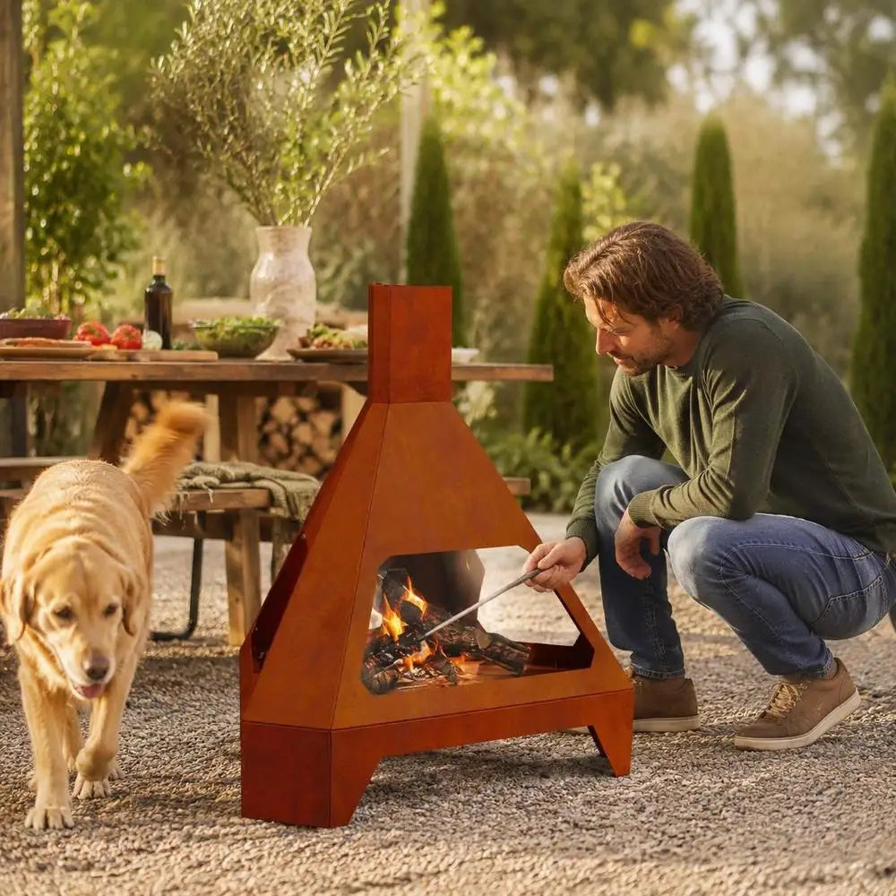 Outdoor Fire Pit Brown Steel Wood Burning Patio Brazier For Garden Terrace Balcony, Sturdy Square Heater For Camping Gatherings, 50 X 43 X 52 Cm