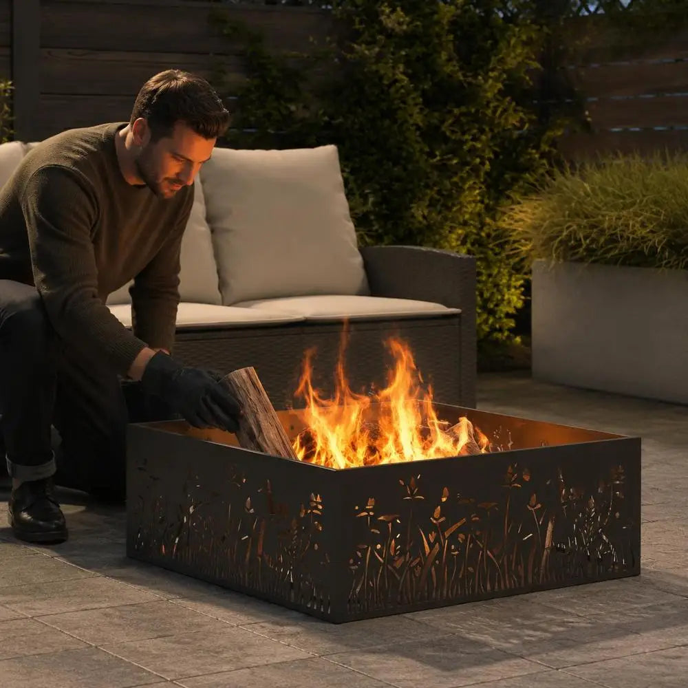 Square Steel Fire Pit, Matte Black Outdoor Patio Fire Bowl, Modern Portable BBQ Grill For Garden Balcony Camping Parties, 80x80x30 Cm