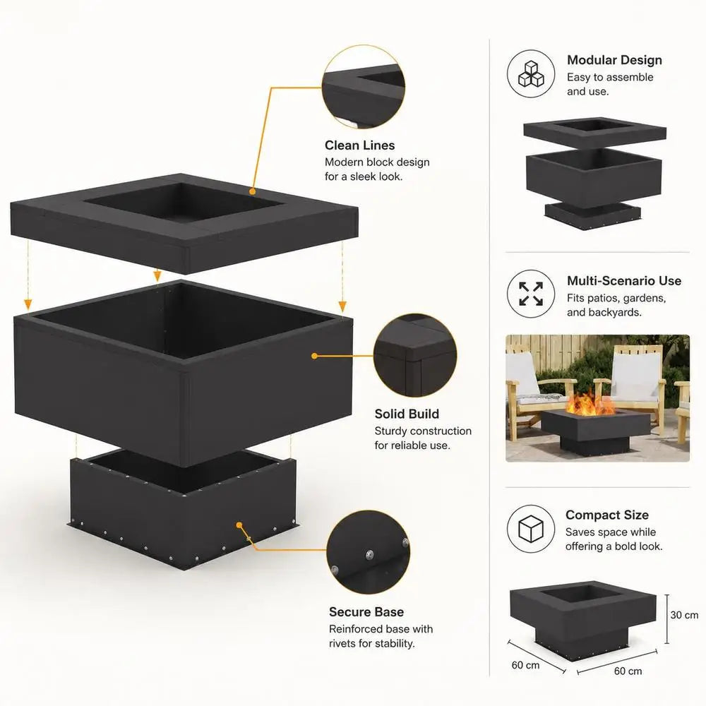 Outdoor Fire Pit, Steel Construction, Square Design, Easy Maintenance, Garden Camping Bonfire Stand, Black, 60x60x30cm