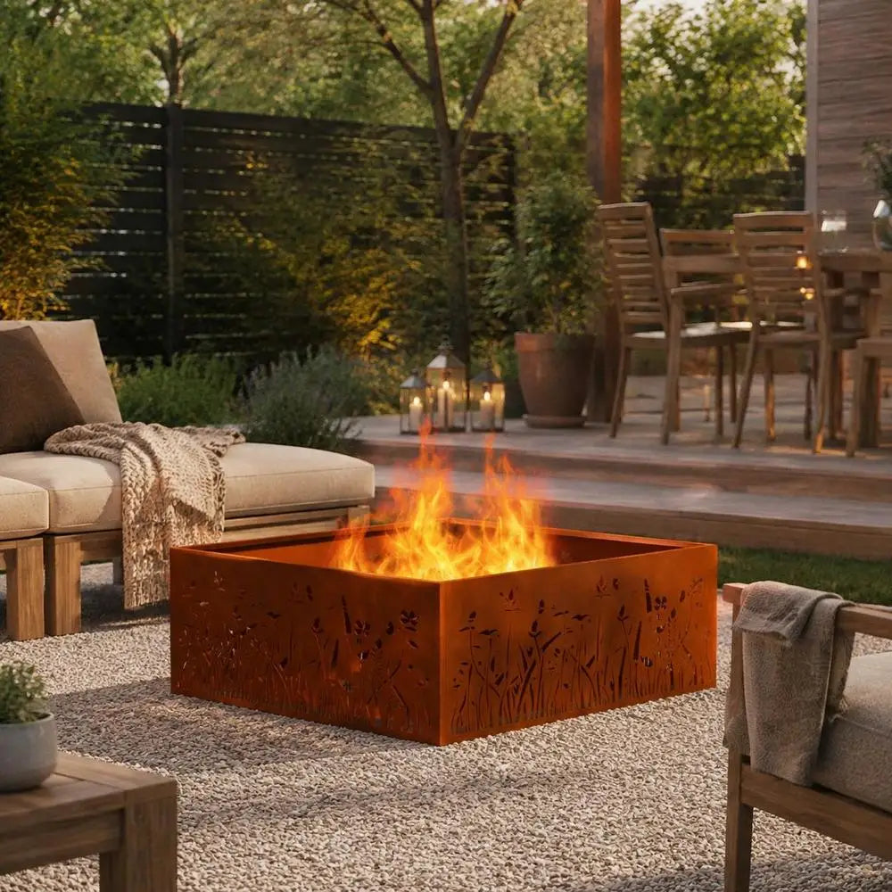 Outdoor Square Fire Pit, Weathering Steel Construction, Durable Garden Patio Heater For BBQ And Warmth, Brown, 80 X 80 X 30 Cm