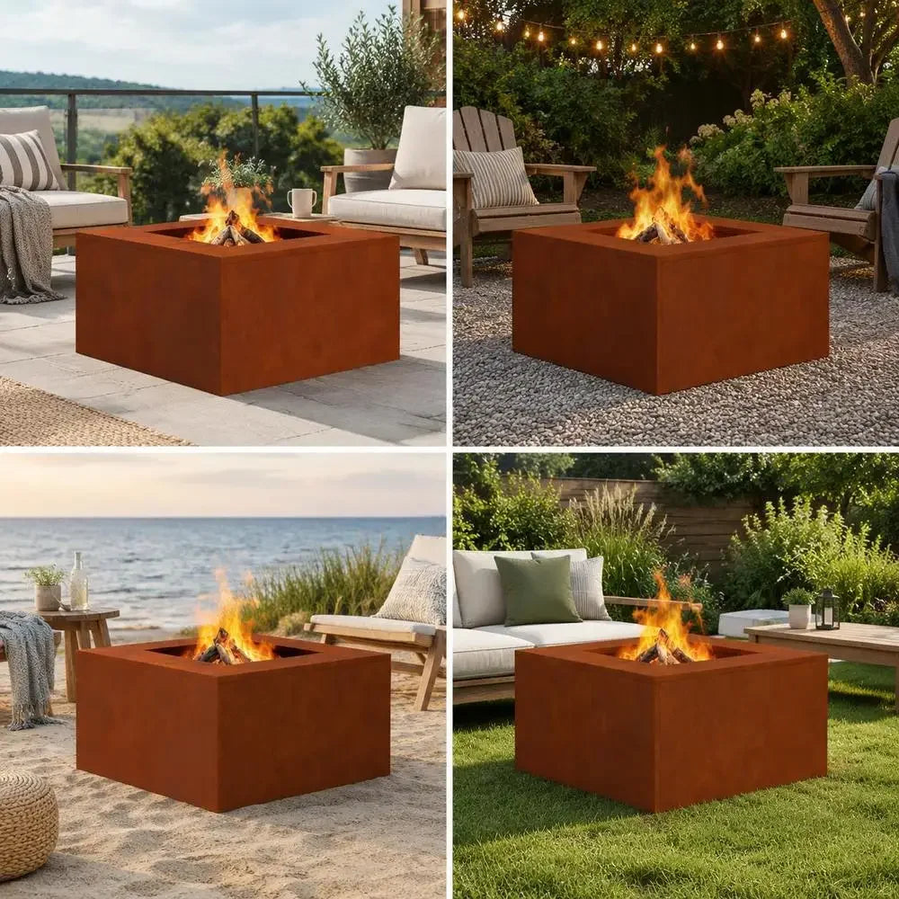 Outdoor Fire Pit, Brown Weathering Steel Square Design, Durable Construction For Garden Patio BBQ Gathering, 60x60x30 Cm