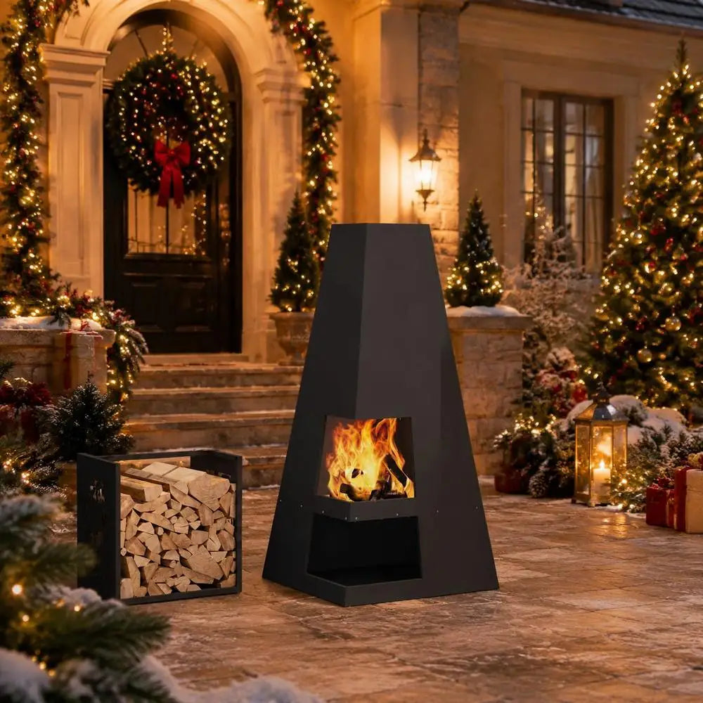 Outdoor Fire Pit Square Patio Fireplace Black Steel Wood Burning Brazier For Garden Backyard Camping BBQ Party 50 X 50 X 100 Cm