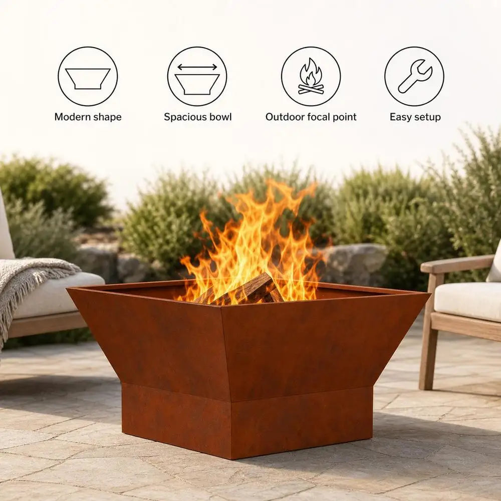 Outdoor Fire Pit, Brown Weathering Steel Square Design, Durable Patio Garden Heating And BBQ Center, 60x60x35 Cm