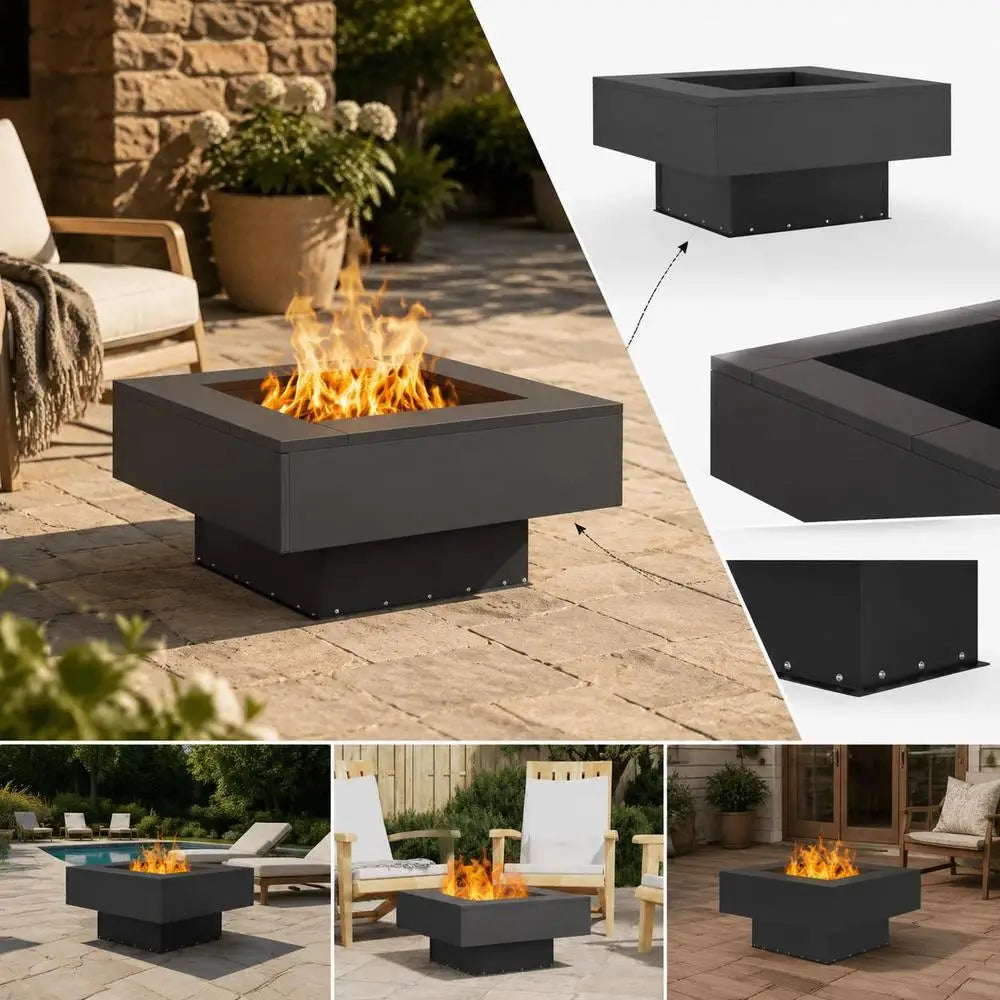 Outdoor Fire Pit, Steel Construction, Square Design, Easy Maintenance, Garden Camping Bonfire Stand, Black, 60x60x30cm