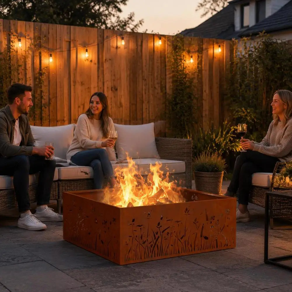 Outdoor Square Fire Pit, Weathering Steel Construction, Durable Garden Patio Heater For BBQ And Warmth, Brown, 80 X 80 X 30 Cm
